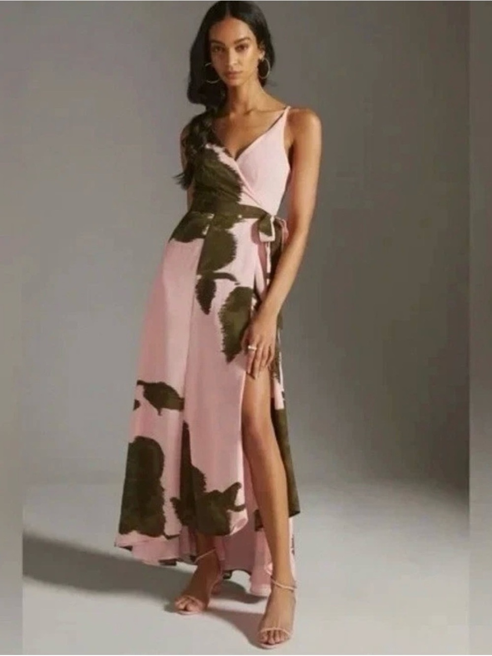 Anthropologie Hutch Leah Wrap Maxi Dress Pink Olive Abstract, size small